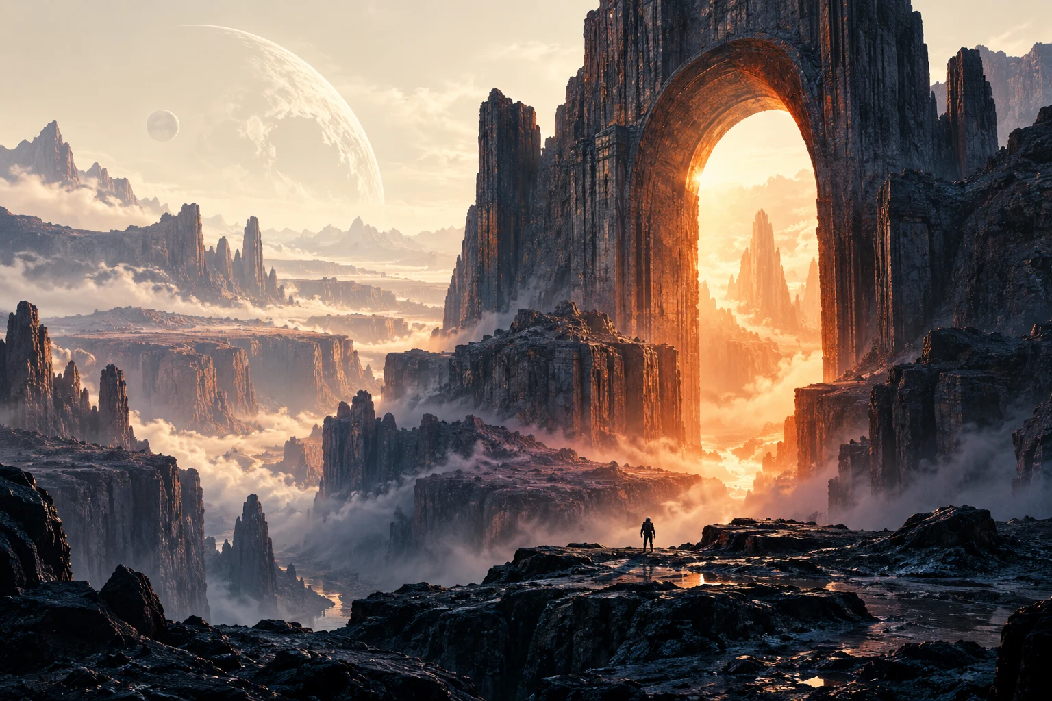 A lone explorer approaches a monumental glowing gateway in an imagined alien world